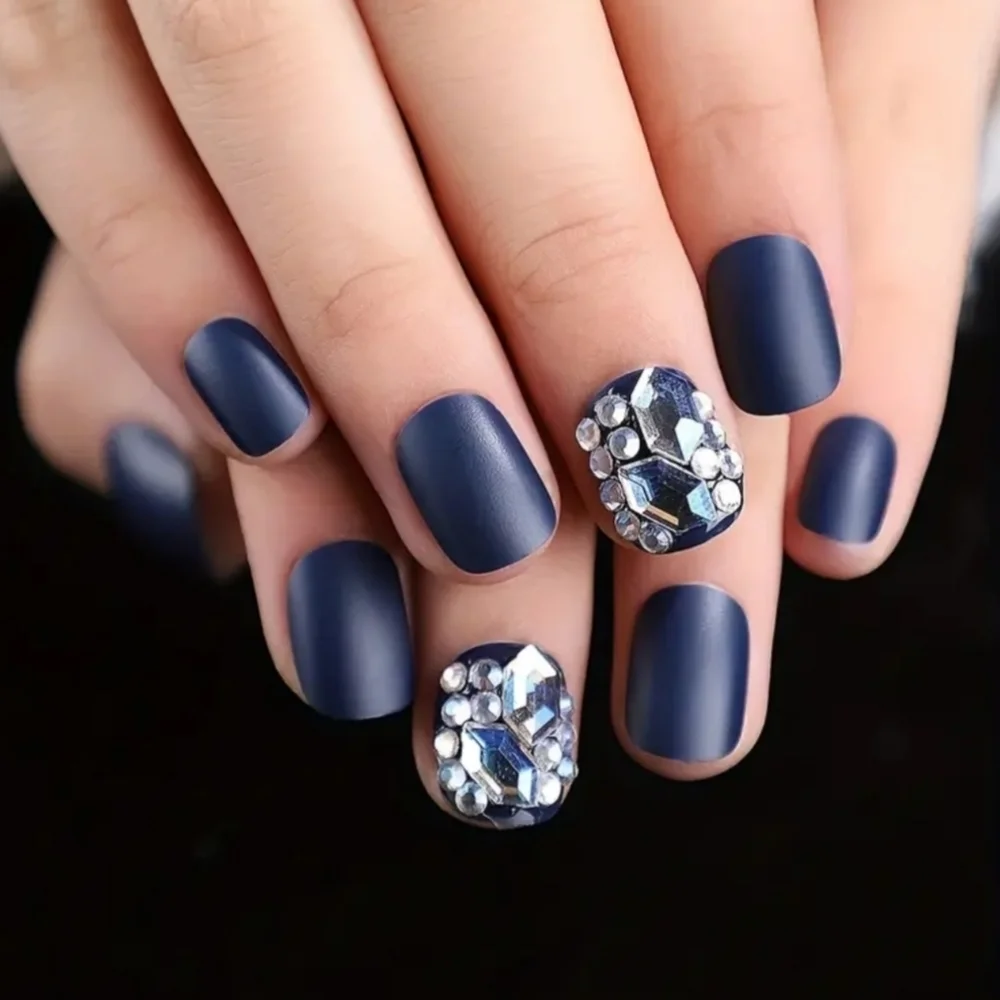 3D Rhinestone Sapphire Blue Matte Press on Nails - Picture 5 of 10